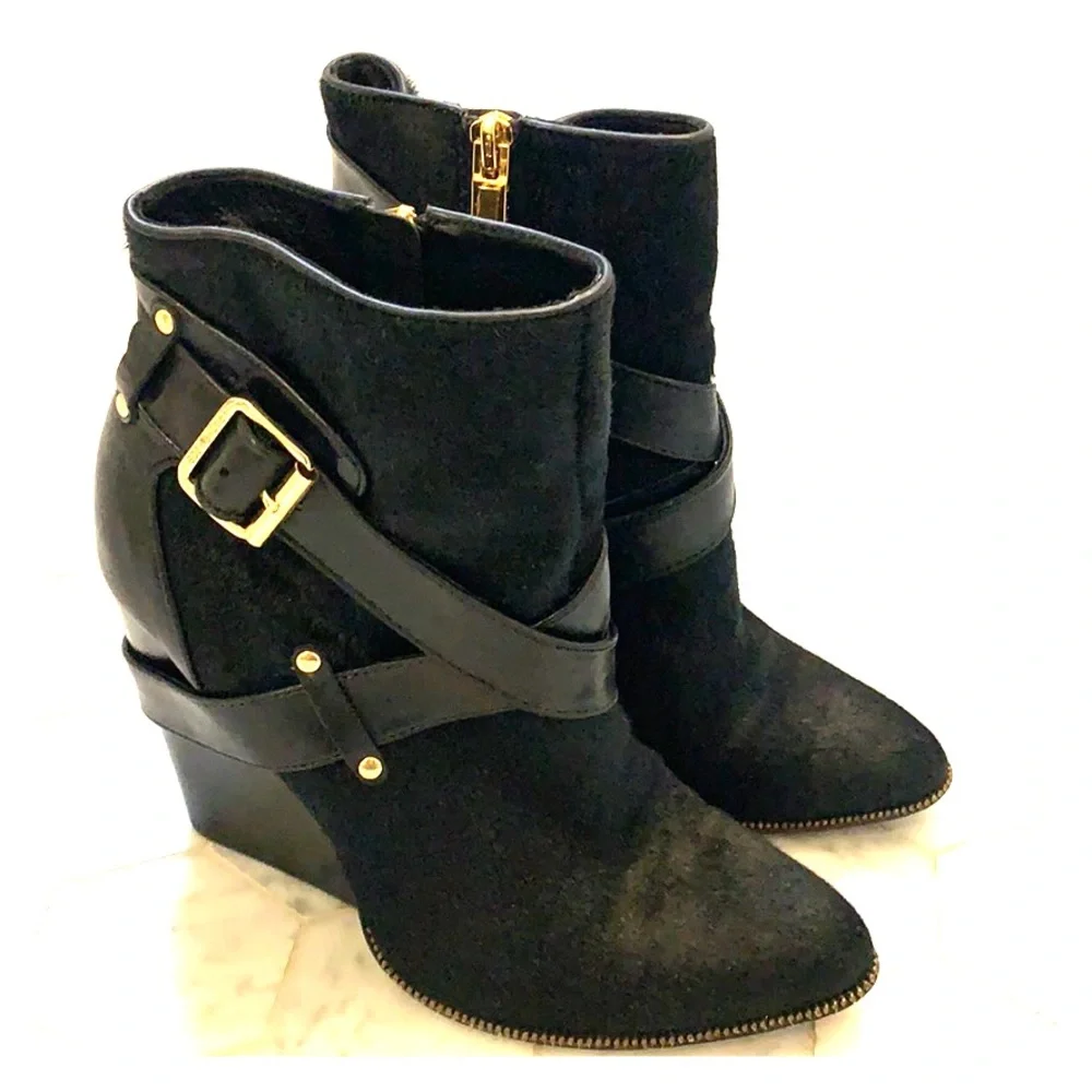 Rachel Zoe Black Wedge Ankle Boots with Gold Hardware